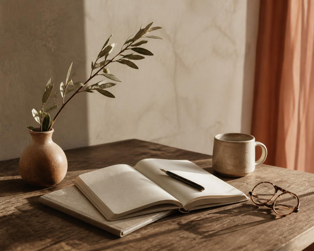 Cuaderno abierto con una pluma, una taza de cerámica y unas gafas sobre una mesa de madera iluminada por la luz del amanecer